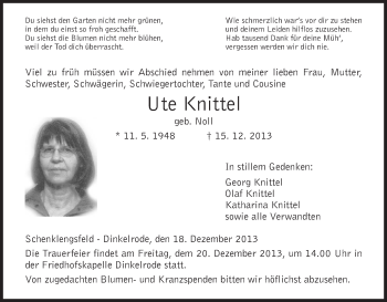 Traueranzeige von Ute Knittel von Hersfeld