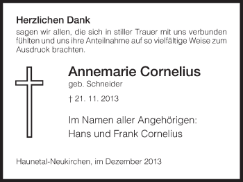 Traueranzeige von Annemarie Cornelius von Hersfeld