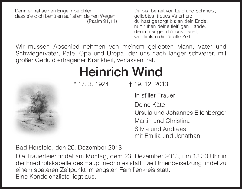  Traueranzeige für Heinrich Wind vom 20.12.2013 aus Hersfeld