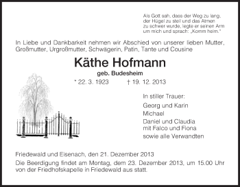 Traueranzeige von Käthe Hofmann von Hersfeld