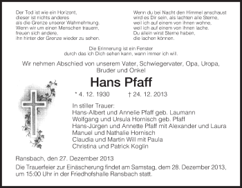 Traueranzeige von Hans Pfaff von Hersfeld