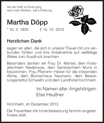 Traueranzeige von Martha Döpp von Hersfeld