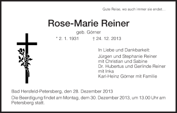 Traueranzeige von Rose-Marie Reiner von Hersfeld