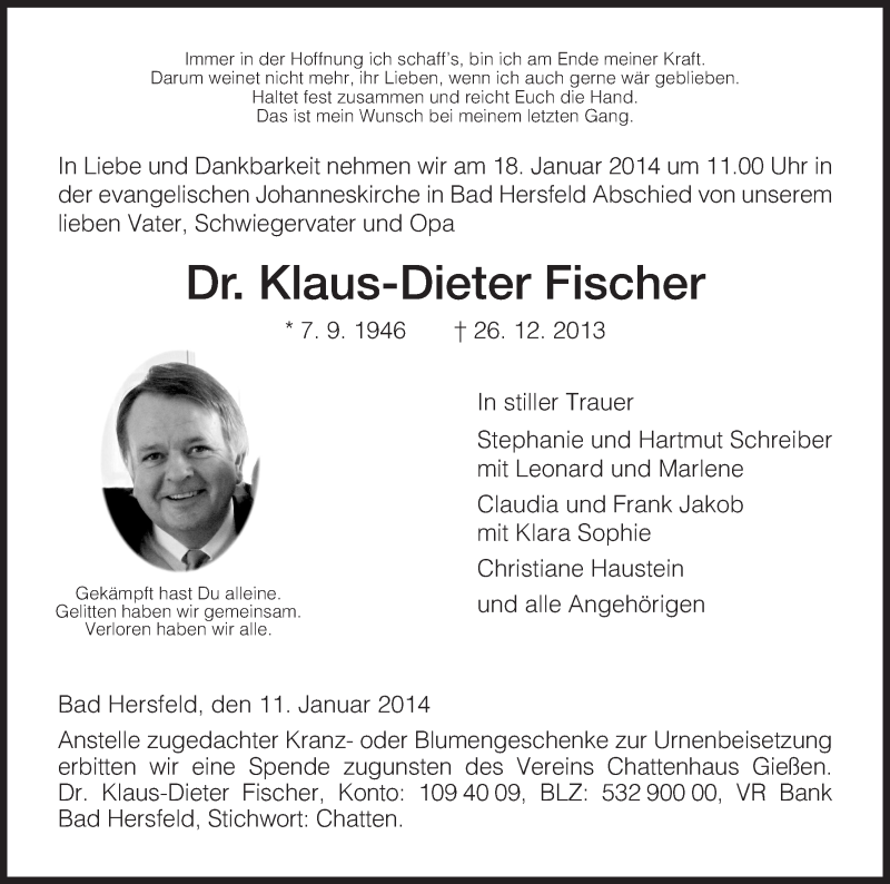  Traueranzeige für Klaus-Dieter Fischer vom 11.01.2014 aus Hersfeld