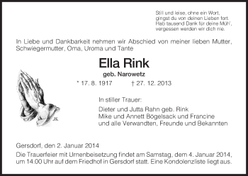 Traueranzeige von Ella Rink von Hersfelder Zeitung