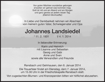 Traueranzeige von Johannes Landsiedel von Hersfeld