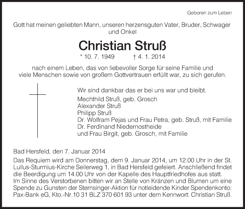  Traueranzeige für Christian Struß vom 07.01.2014 aus Hersfeld