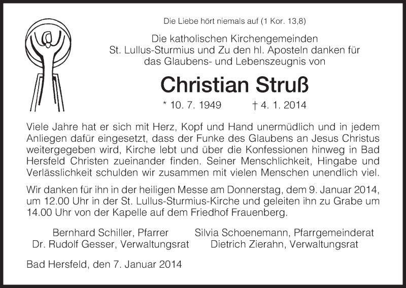  Traueranzeige für Christian Struß vom 07.01.2014 aus Hersfeld