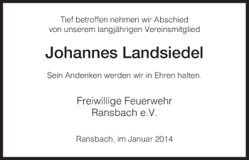 Traueranzeige von Johannes Landsiedel von Hersfeld