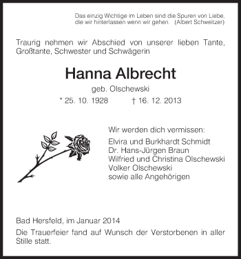 Traueranzeige von Hanna Albrecht von Hersfeld