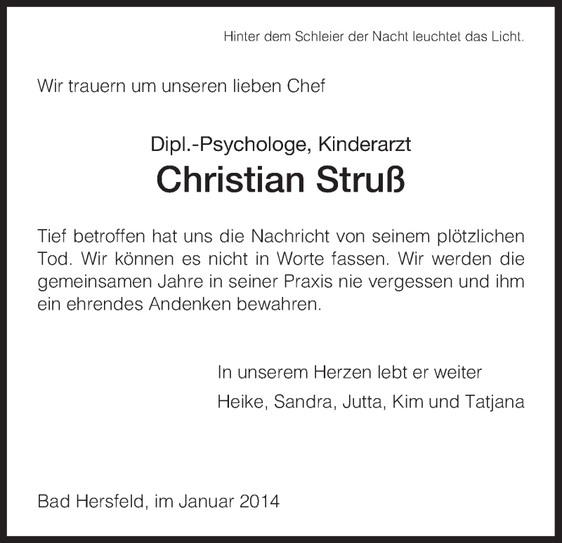  Traueranzeige für Christian Struß vom 08.01.2014 aus Hersfeld