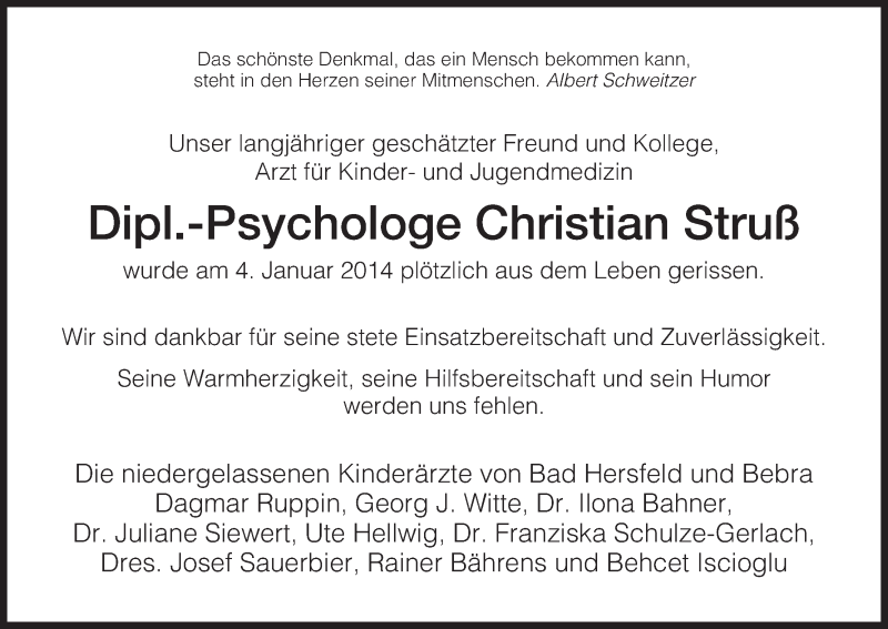 Traueranzeige für Christian Struß vom 11.01.2014 aus Hersfeld
