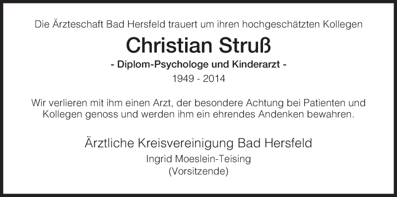  Traueranzeige für Christian Struß vom 11.01.2014 aus Hersfeld