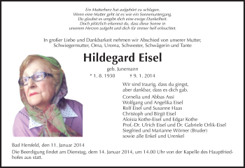 Traueranzeige von Hildegard Eisel von Hersfeld