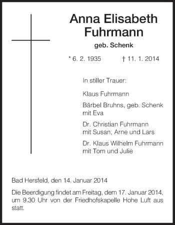 Traueranzeige von Anna Elisabeth Fuhrmann von Hersfeld