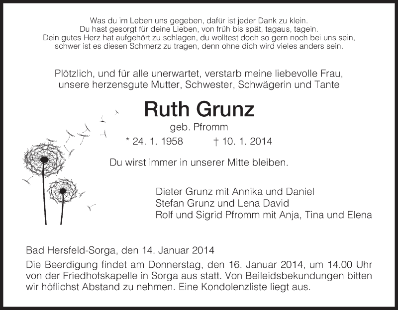 Traueranzeige für Ruth Grunz vom 14.01.2014 aus Hersfeld