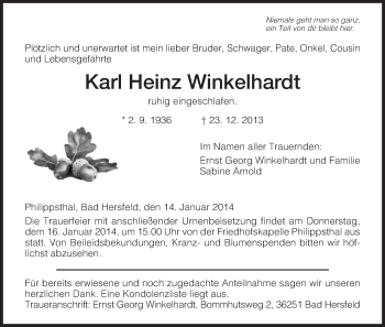 Traueranzeige von Karl Heinz Winkelhardt von Hersfeld
