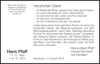 Traueranzeige von Hans Pfaff von Hersfeld