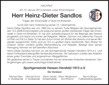 Traueranzeige von Heinz-Dieter Sandlos von Hersfeld