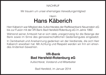 Traueranzeige von Hans Käberich von Hersfeld