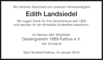 Traueranzeige von Edith Landsiedel von Hersfeld