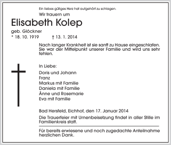 Traueranzeige von Elisabeth Kolep von Hersfeld