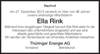 Traueranzeige von Ella Rink von Hersfeld