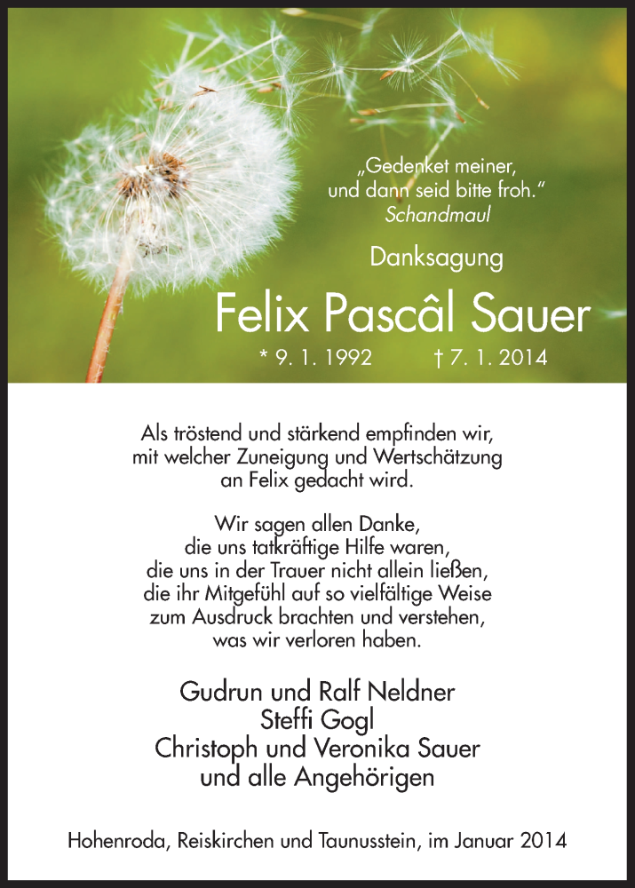  Traueranzeige für Felix Pâscal Sauer vom 18.01.2014 aus Hersfeld