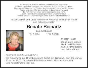 Traueranzeige von Renate Reinartz von Hersfeld