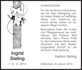 Traueranzeige von Ingrid Sieling von Hersfeld