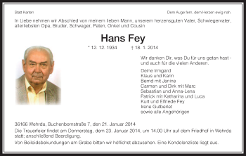 Traueranzeige von Hans Fey von Hersfeld