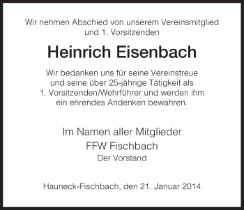 Traueranzeige von Heinrich Eisenbach von Hersfeld