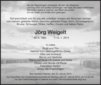 Traueranzeige von Jörg Weigelt von Hersfeld