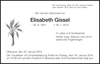 Traueranzeige von Elisabeth Gissel von Hersfeld