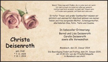 Traueranzeige von Christa Deisenroth von Hersfeld