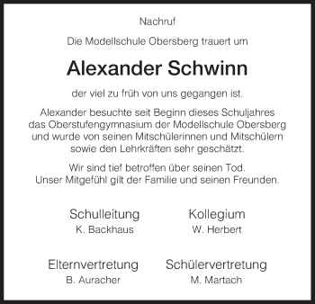 Traueranzeige von Alexander Schwinn von Hersfeld