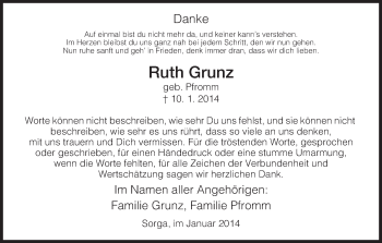 Traueranzeige von Ruth Grunz von Hersfeld
