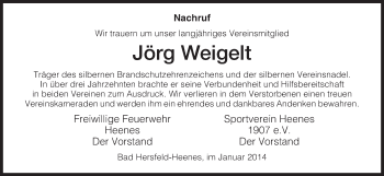 Traueranzeige von Jörg Weigelt von Hersfeld