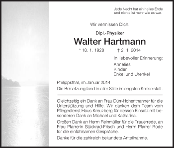 Traueranzeige von Walter Hartmann von Hersfeld