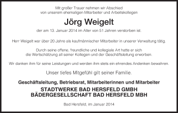 Traueranzeige von Jörg Weigelt von Hersfeld