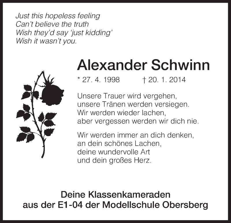  Traueranzeige für Alexander Schwinn vom 25.01.2014 aus Hersfeld