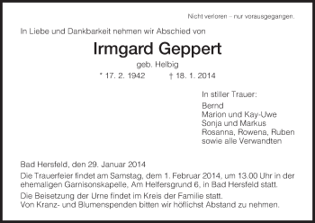 Traueranzeige von Irmgard Geppert von Hersfeld