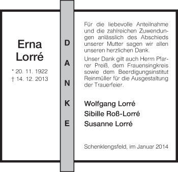 Traueranzeige von Ernst Lorre von Hersfeld