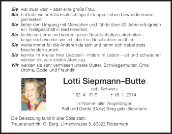 Traueranzeige von Lotti Siepmann-Butte von Hersfeld