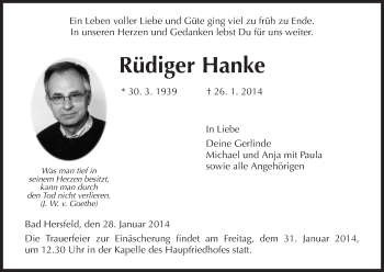 Traueranzeige von Rüdiger Hanke von Hersfeld