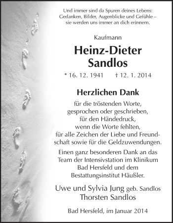 Traueranzeige von Heinz-Dieter Sandlos von Hersfeld