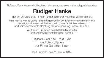 Traueranzeige von Rüdiger Hanke von Hersfeld
