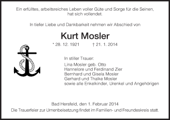 Traueranzeige von Kurt Mosler von Hersfeld