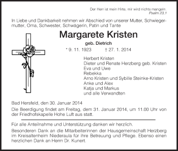Traueranzeige von Margarete Kristen von Hersfeld