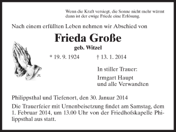 Traueranzeige von Frieda Große von Hersfeld